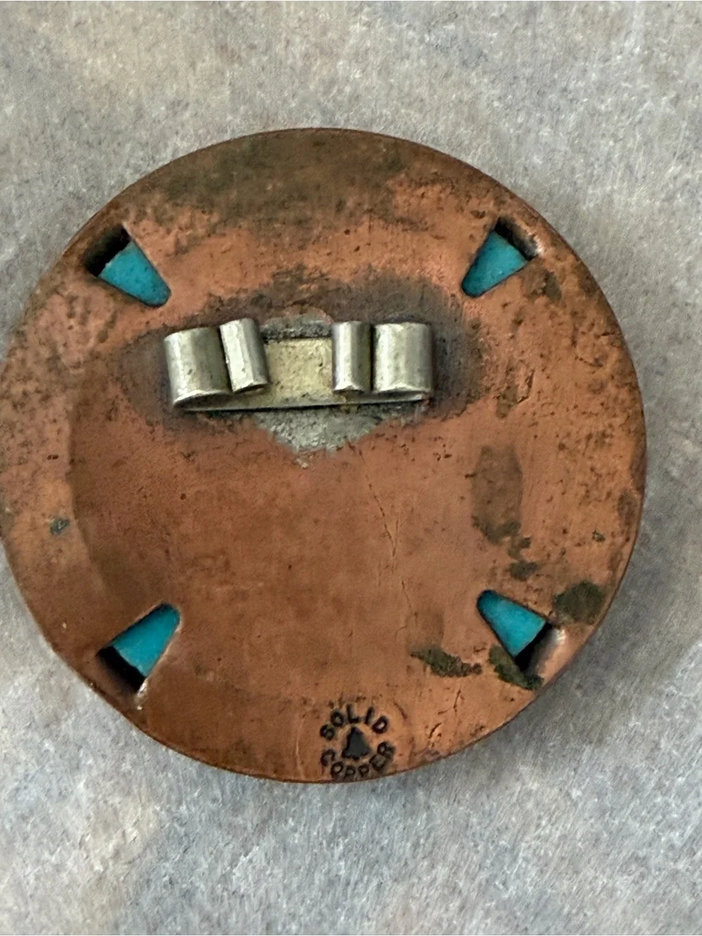 Vintage Bell Trading Post Solid Copper Roadrunner Turquoise Bolo Tie Slide